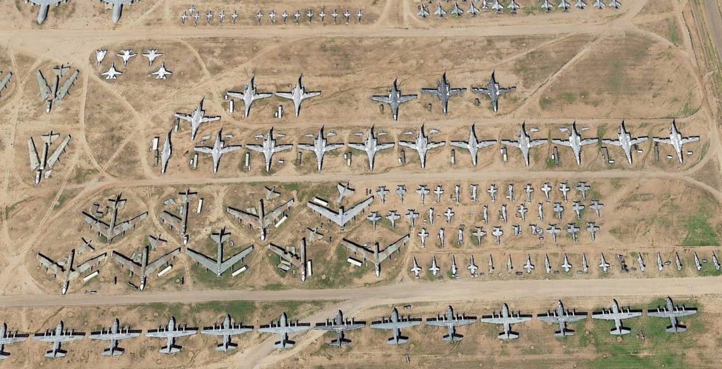 B-1Bs rest in pieces at the AMARG boneyard in Tucson, Arizona. The fleet already went through one major reduction in the early 2000s, being reduced from 93 to 60 airframes. The aircraft pulled from service worked as parts donors for the remaining aircraft. <em>Google Earth</em>
