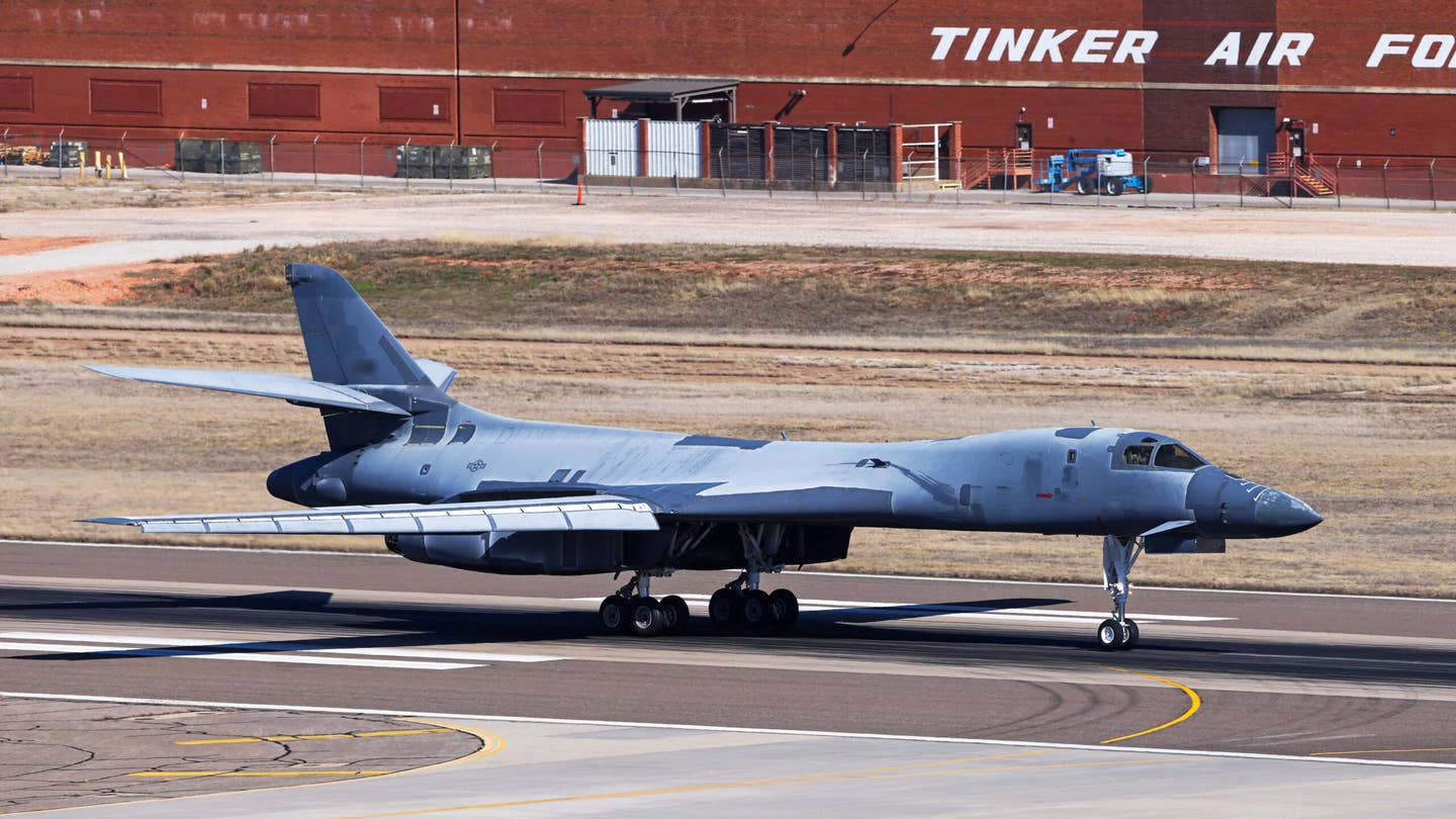 B-1B Lancer aircraft nicknamed “Lancelot,” touches down at Tinker Air Force Base, Oklahoma, Feb. 8, 2024. “Lancelot” is being regenerated to the active bomber fleet after previously being retired to the Aerospace Maintenance and Regeneration Group at Davis-Monthan Air Force Base in Arizona. Photo was redacted for security purposes.