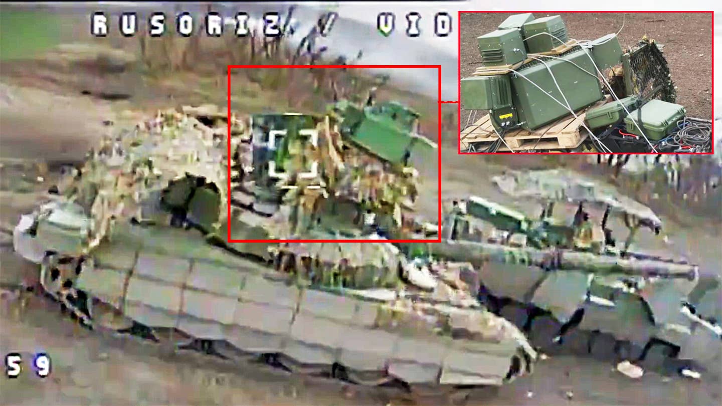 A T-72 tank modified with counter-drone electronic warfare jamming systems.