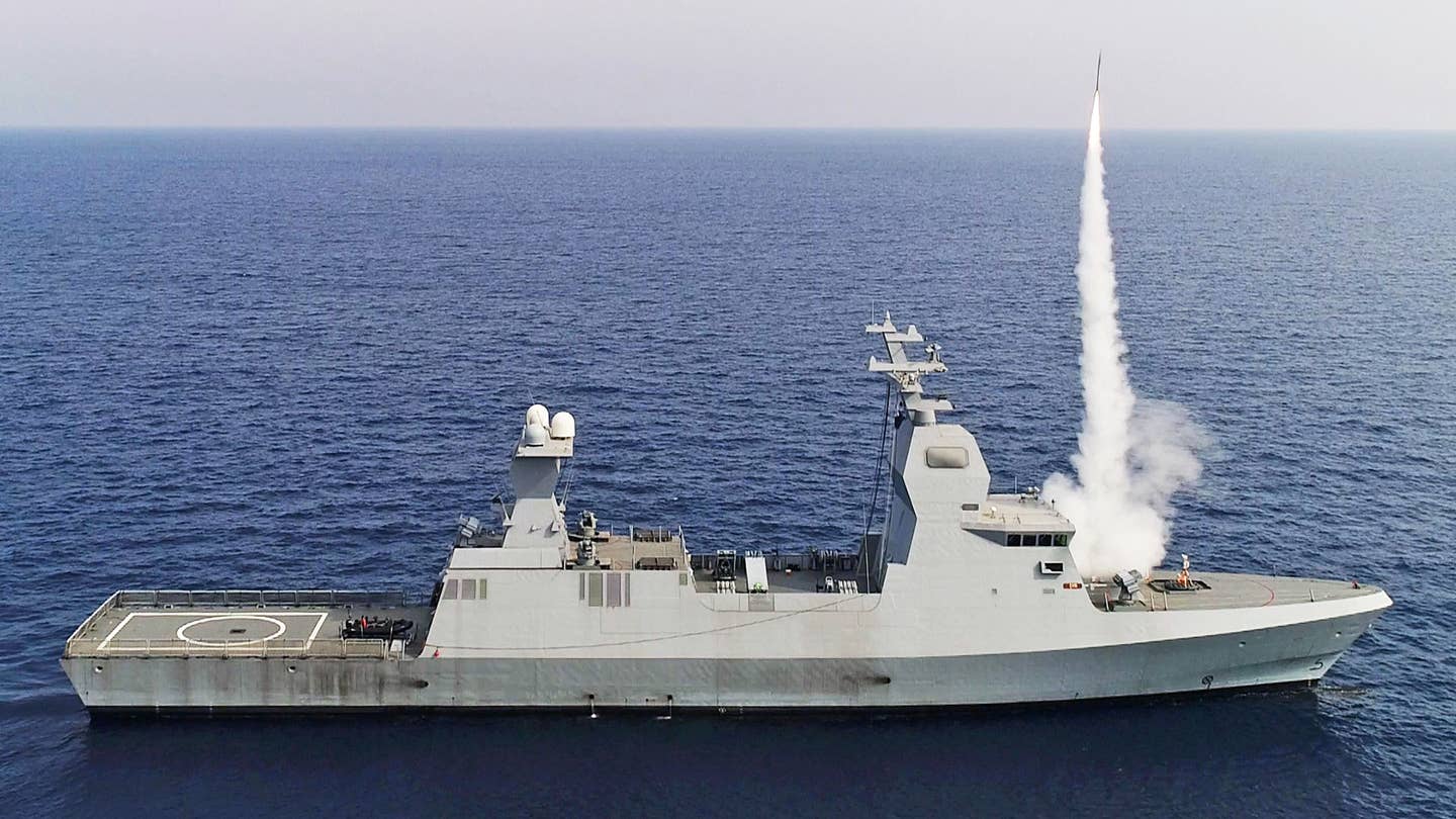 A missile is launched from the Sa'ar 6-class corvette during the series of live-fire tests of the naval version of its Iron Dome missile-defense system, called "C-Dome"at sea on February 21, 2022.