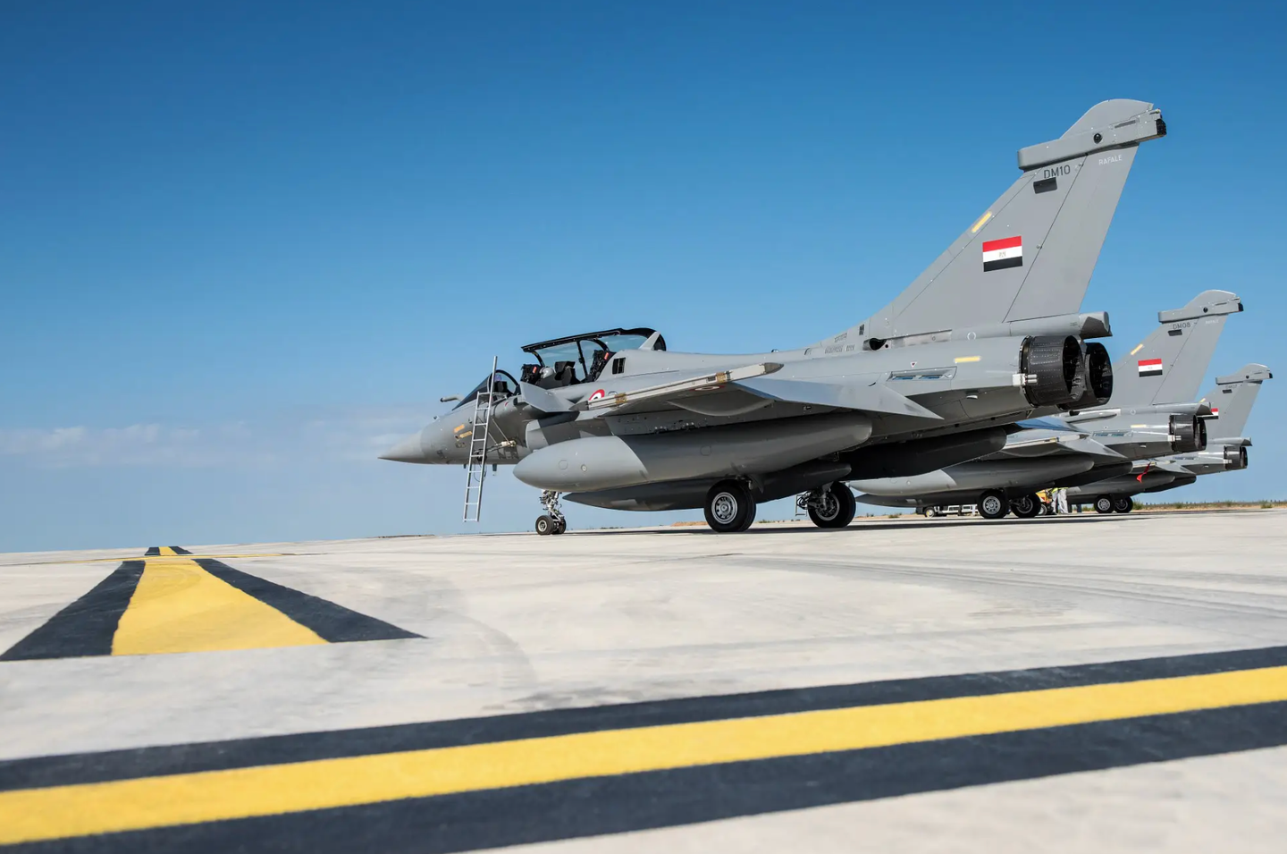 A trio of two-seat Egyptian Rafales pictured soon after delivery.&nbsp;<em>Dassault Aviation/V. Almansa</em>