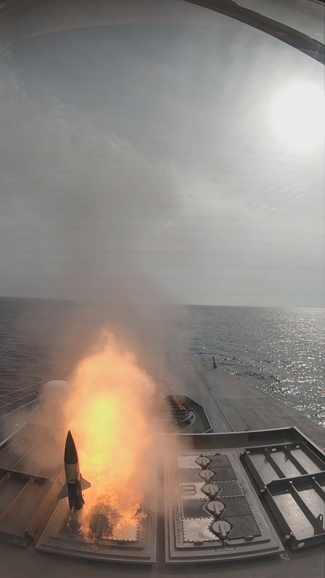 AT SEA - FEBRUARY 21: (----EDITORIAL USE ONLY - MANDATORY CREDIT ISRAELI MINISTRY OF DEFENCE - / HANDOUT" - NO MARKETING NO ADVERTISING CAMPAIGNS - DISTRIBUTED AS A SERVICE TO CLIENTS----) A missile is launched from the Sa'ar 6-class corvette during the series of live-fire tests of the naval version of its Iron Dome missile-defense system, called "C-Dome"at sea on February 21, 2022. (Photo by Israeli Ministry of Defence/Anadolu Agency via Getty Images)