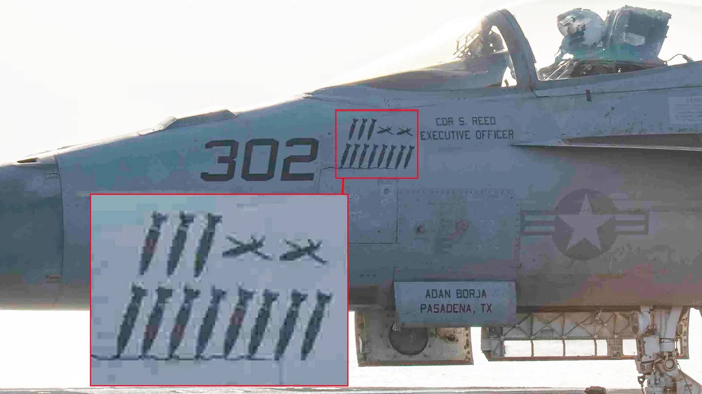 A composite image highlighting drone kill marks painted on a US Navy F/A-18E Super Hornet supporting operations against the Houthis in and around the Red Sea. <em>USN</em>