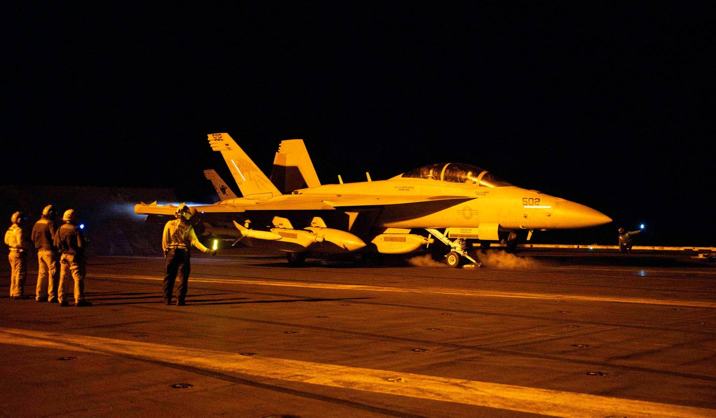 An EA-18G Growler prepares to launch from the aircraft carrier USS <em>Dwight D. Eisenhower</em> in support of strikes on Houthi targets in Yemen in January 2023. <em>USN</em>