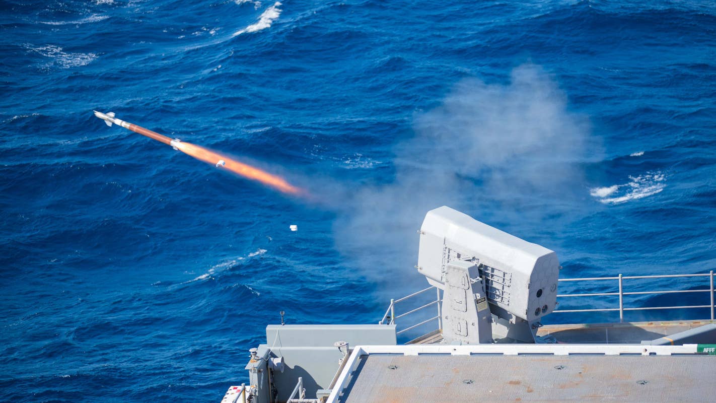 One of the aircraft carrier USS<em> Gerald R. Ford</em>'s Mk 49 launchers fires a RIM-116 Rolling Airframe MIssile during qualification trials. <em>USN</em>