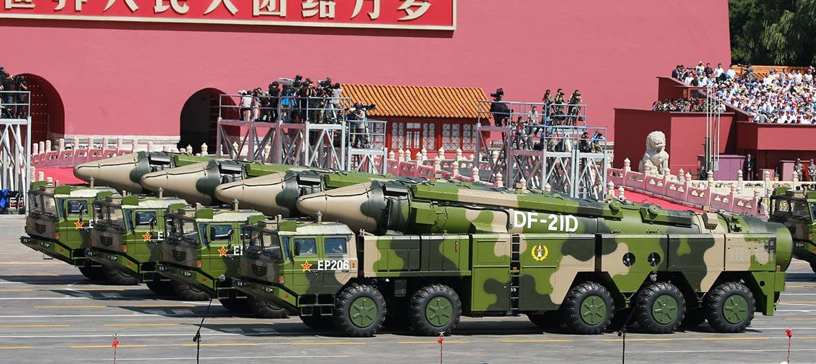 China’s mobile DF-21D medium-range ballistic missiles on parade.&nbsp;<em>Imaginechina via AP</em>