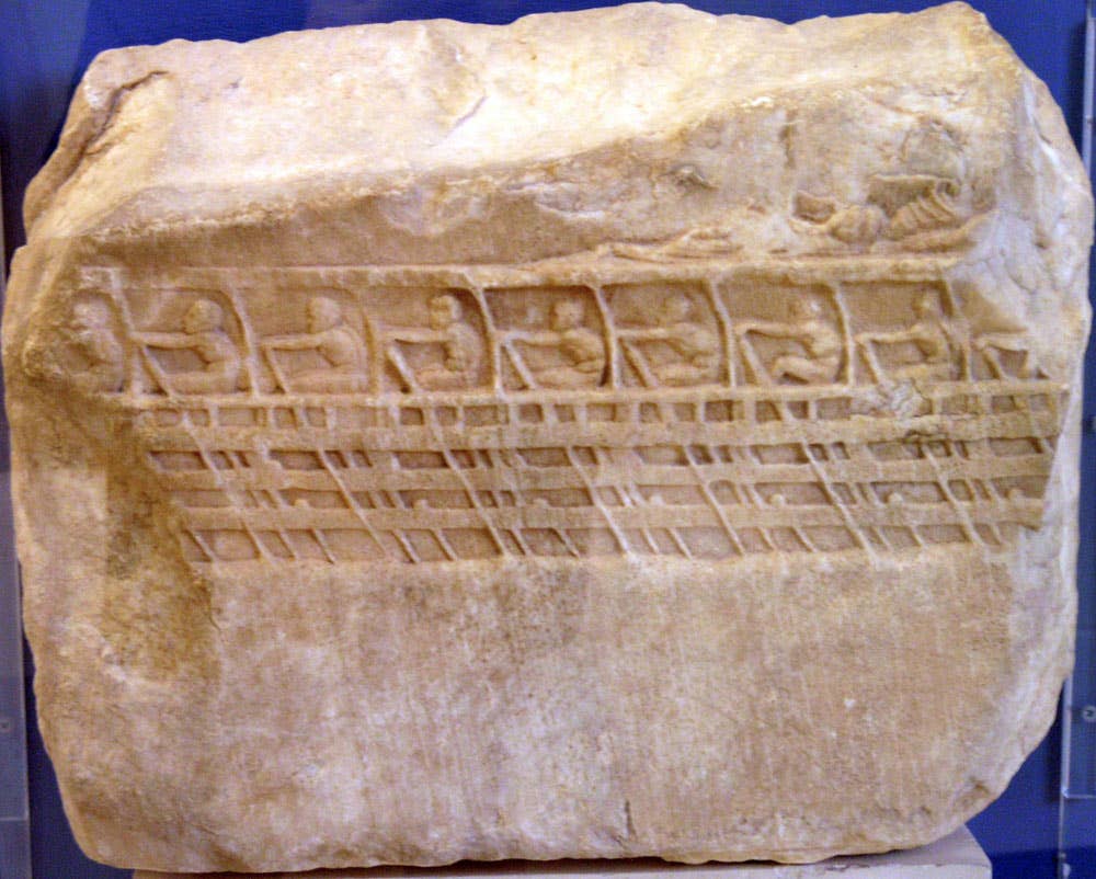 The Lenormant Relief, from the&nbsp;Athenian Acropolis, depicting the rowers of an&nbsp;<em>aphract</em>&nbsp;Athenian trireme,&nbsp;c. 410&nbsp;BC, found in 1852. <em>Marsyas via Wikimedia Commons, CC-BY-SA-2.5</em>