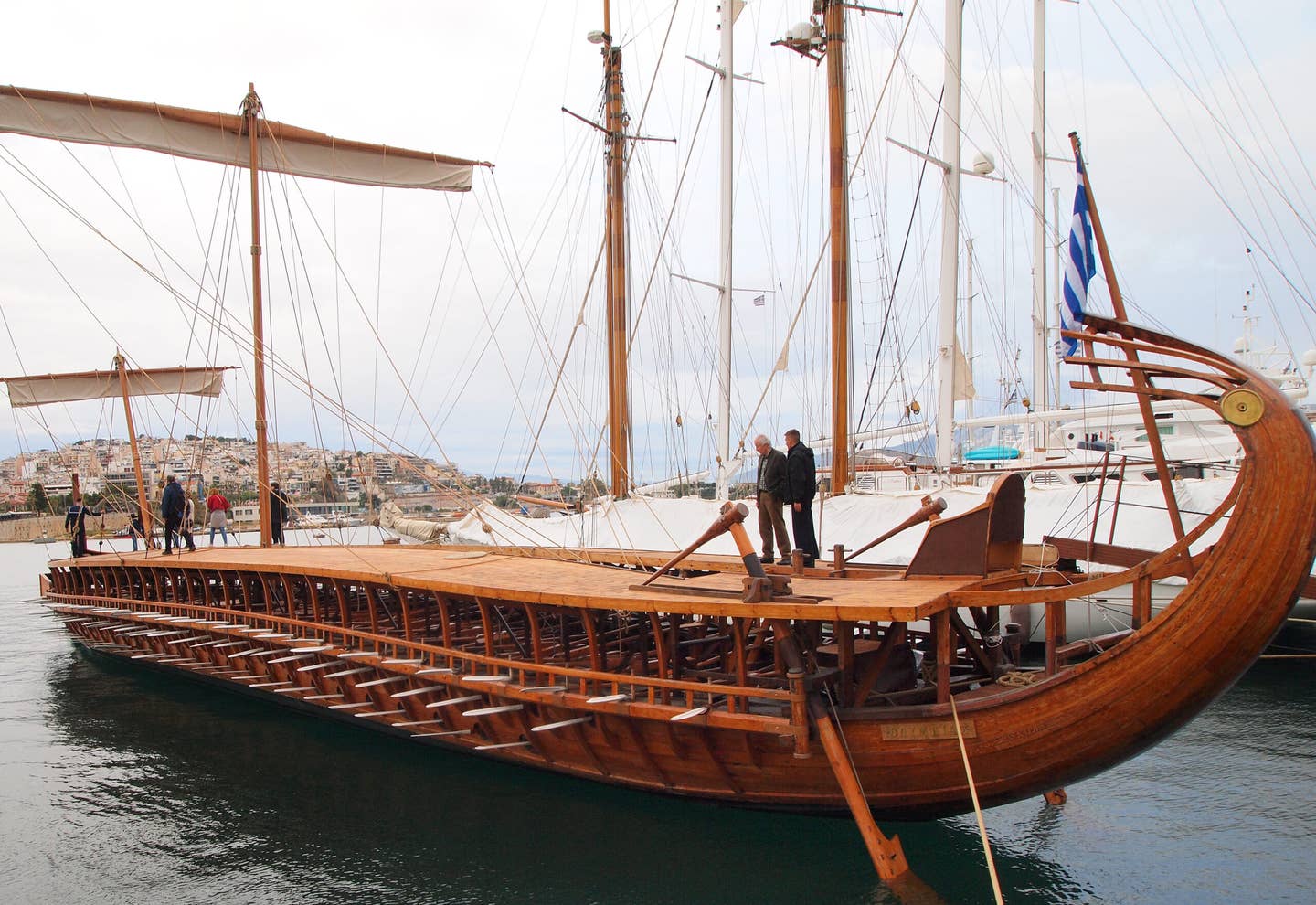 The replica trireme <em>Olympias</em> at Marina Zeas, Piraeus, Greece, on May 4, 2019. Initially, the trireme was used as part of an experimental archeological project, in order for scientists to determine the sailing characteristics, battle tactics and living conditions inside the vessel. <em>Photo by Grigoris Siamidis/NurPhoto via Getty Images</em>