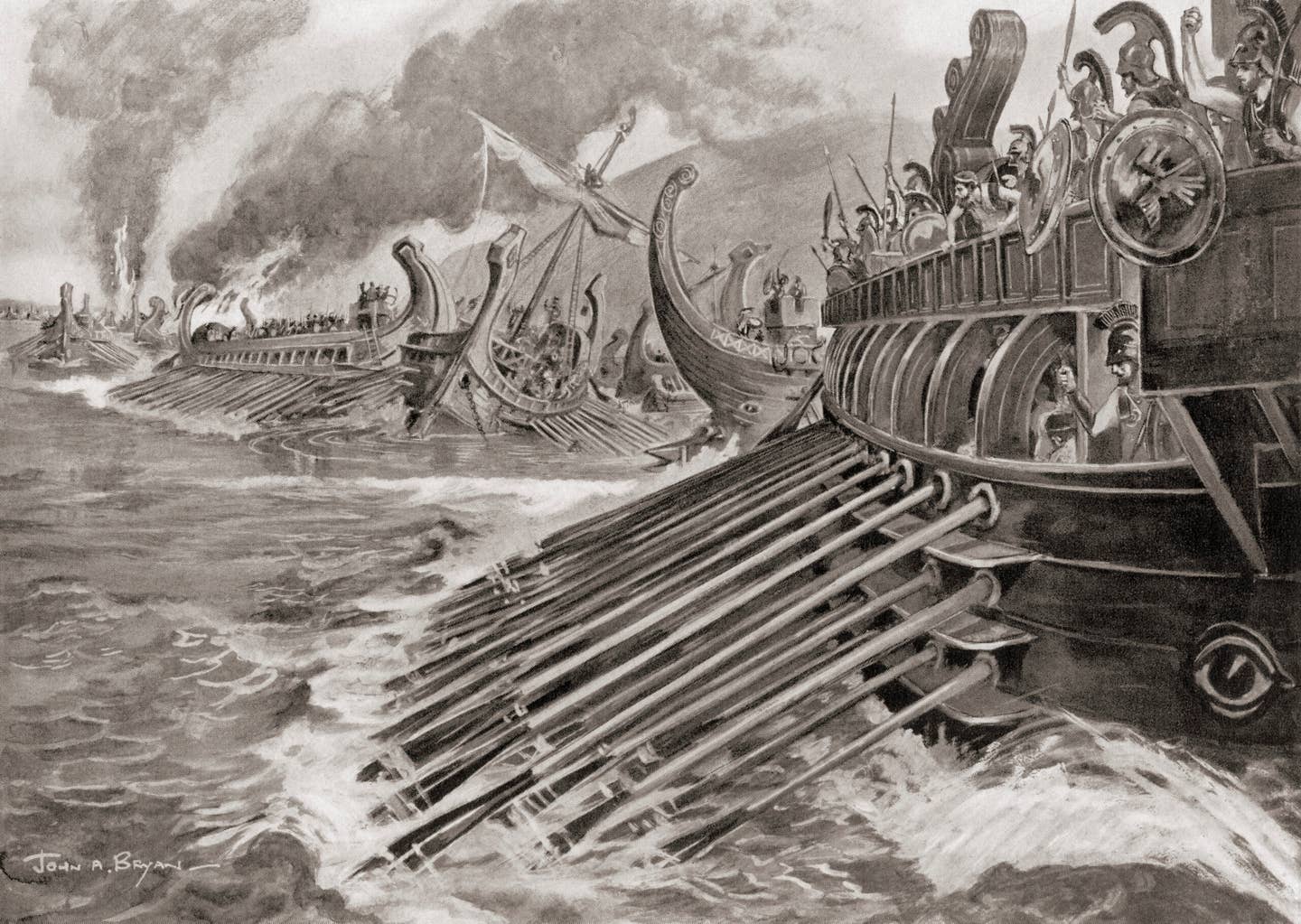 Illustration of the naval Battle of Aegospotami, Hellespont, 405 BC, during which the Spartan admiral Lysander destroyed the Athenian fleet thus ending the Peloponnesian War. <em>Universal History Archive/Universal Images Group via Getty Images</em>
