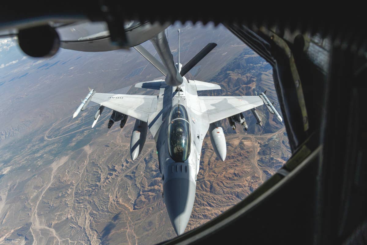 The Bahraini Block 70 F-16D seen refueling during the sortie in March 2024.<em> USAF</em>