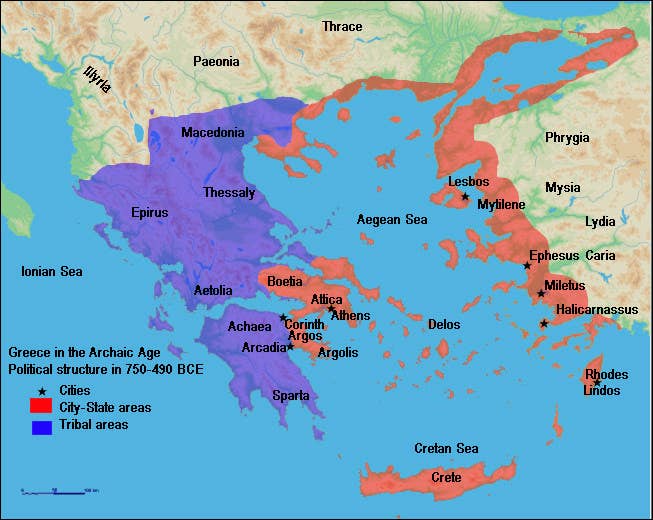 Greece&nbsp;in the&nbsp;Archaic&nbsp;Age (ca. 750 - 490 BC). <em>World History Encyclopedia</em>, <em>CC BY-SA 4.0</em>