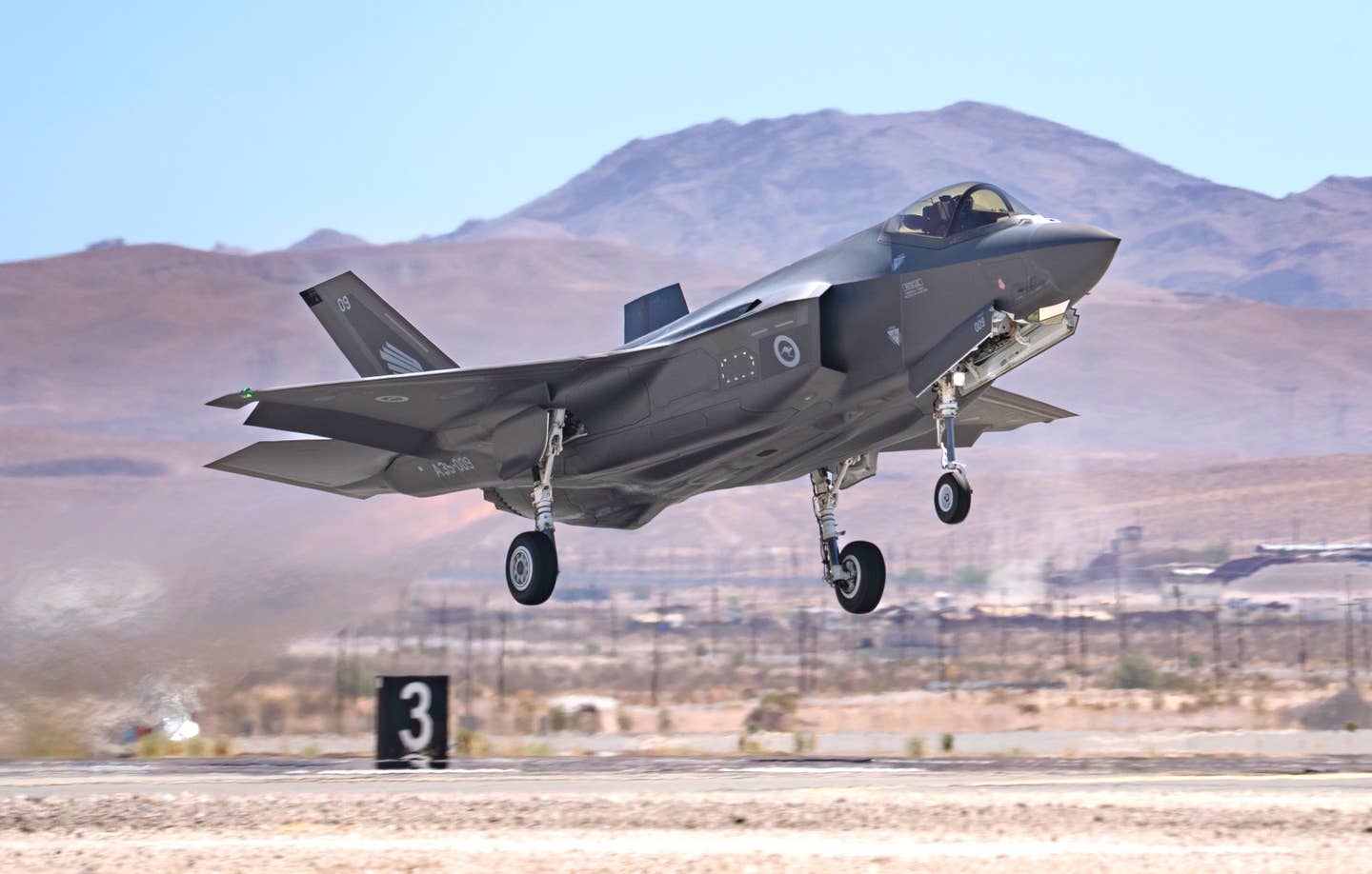 A Royal Australian Air Force (RAAF) F-35A Joint Strike Fighter takes off from Nellis Air Force Base in Nevada during training in 2022. <em>USAF</em>