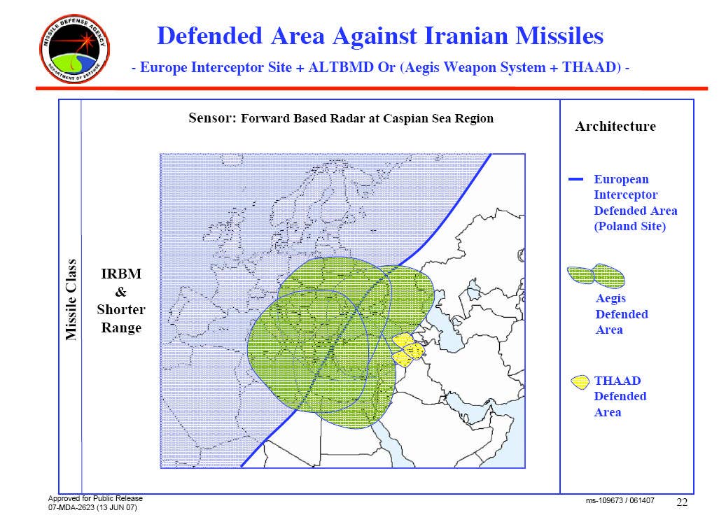 A now-dated Missile Defense Agency graphic showing areas covered by elements of the Aegis BMD system, as well as the Terminal High Altitude Area Defense (THAAD) system. <em>DOD</em>