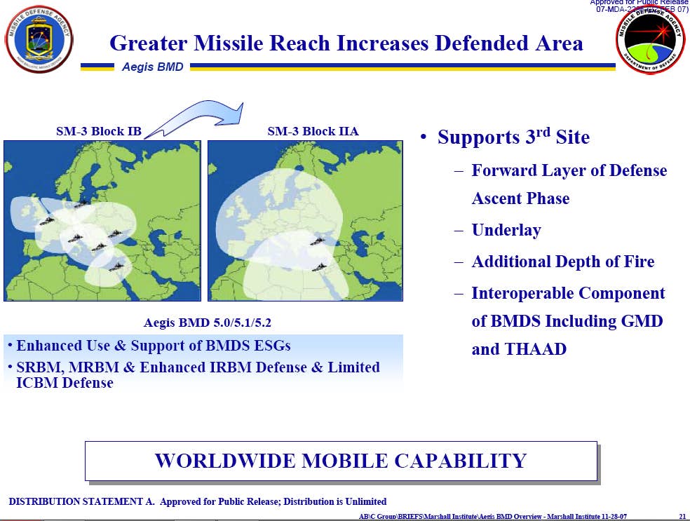 Another MDA graphic with additional details about the ability of SM-3 variants to provide coverage in the Middle East and Europe. <em>DOD</em>