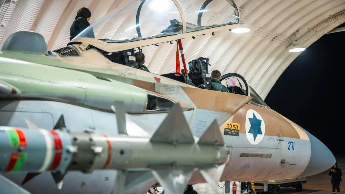 An Israeli Air Force F-15I in its shelter armed with air-to-air missiles.