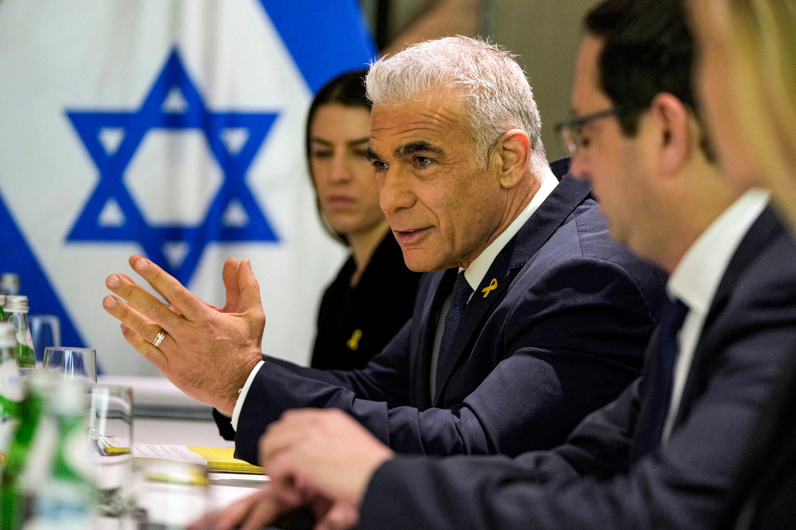 Israeli opposition leader Yair Lapid meets with the visiting US Secretary of State in Tel Aviv on February 8, 2024. (Photo by Mark Schiefelbein / POOL / AFP) (Photo by MARK SCHIEFELBEIN/POOL/AFP via Getty Images)