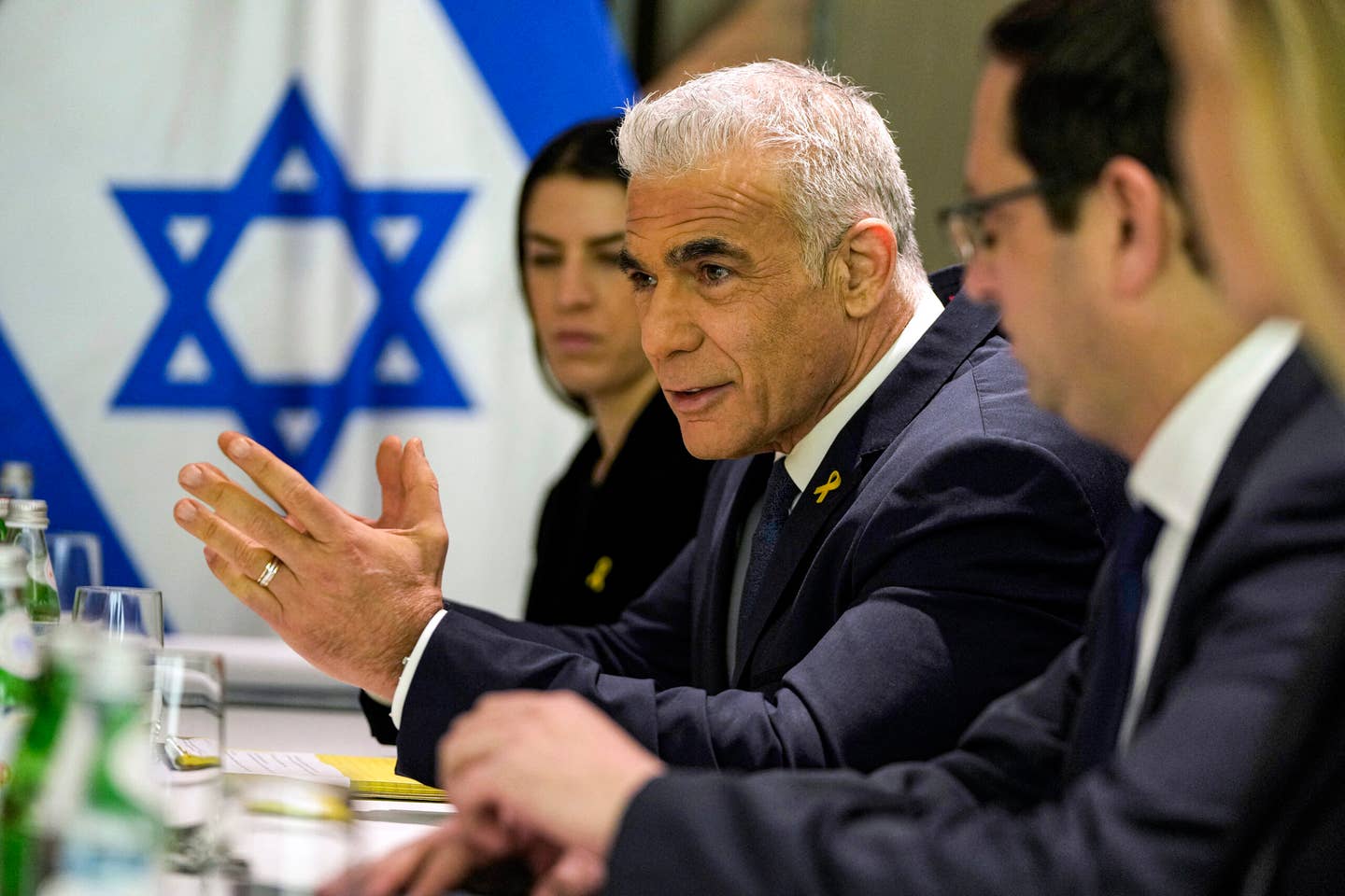 Israeli opposition leader Yair Lapid meets with the visiting U.S. Secretary of State in Tel Aviv on February 8, 2024. <em>Photo by MARK SCHIEFELBEIN/POOL/AFP via Getty Images</em>