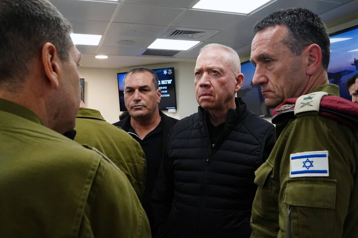 Israel's Minister of Defense Yoav Gallant (second right) attends the Israeli war cabinet meeting, chaired by Prime Minister Benjamin Netanyahu (not seen), held to discuss the attack launched by Iran in Tel Aviv, Israel on April 14, 2024. <em>Photo by Israeli Ministry of Defense/Handout/Anadolu via Getty Images</em>