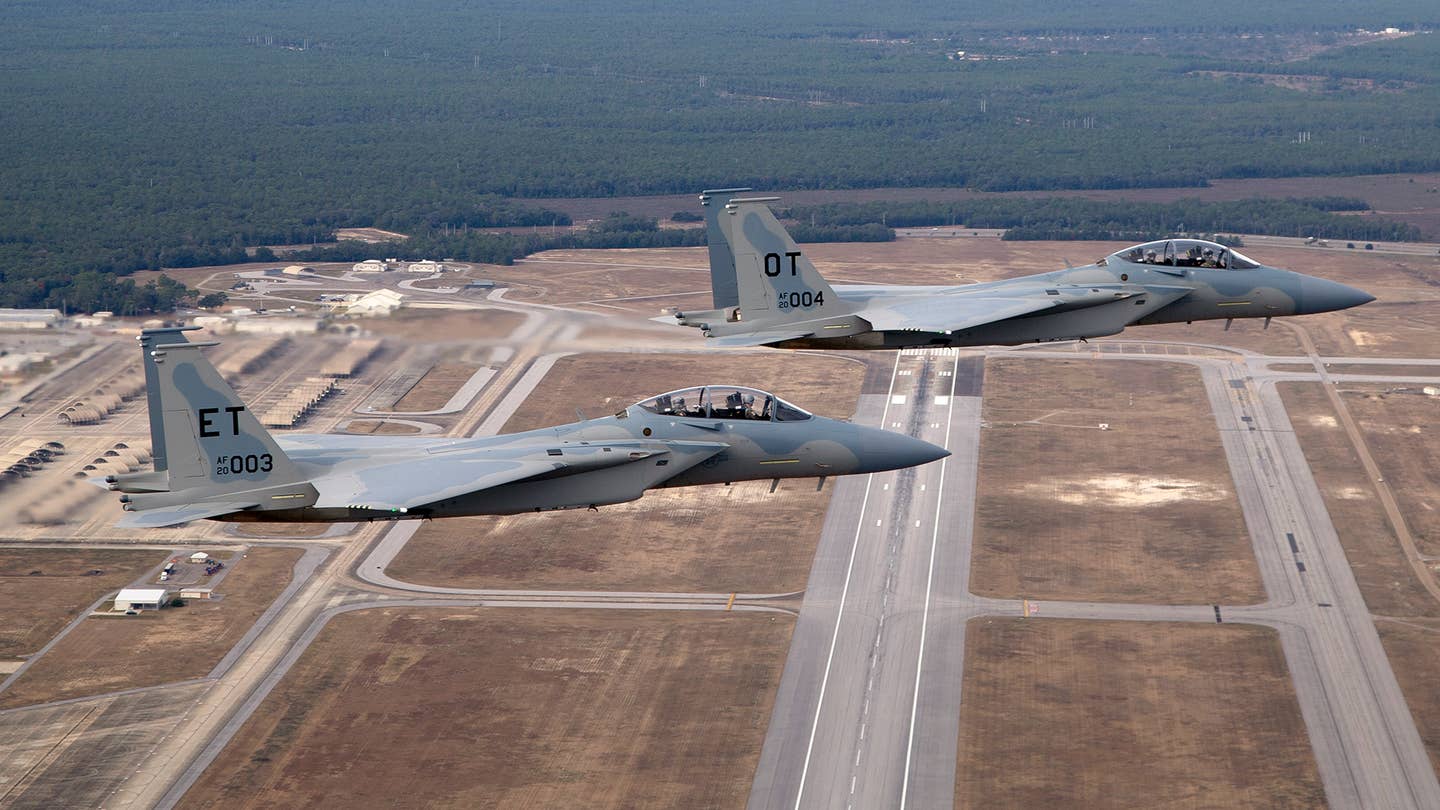 Two new F-15EX fighter jets, EX3 and EX4, arrive at Eglin Air Force Base, Florida, on Dec. 20, 2023. EX3 and EX4 are the Air Force’s newest fighter jets and have updated features such as the cockpit pressure monitor and warning system and an ultra-high frequency antenna for satellite communications. The 40th Flight Test Squadron and 85th Test and Evaluation Squadron will conduct developmental and operational tests on the aircraft. (U.S. Air Force photo by Staff Sgt. Blake Wiles)