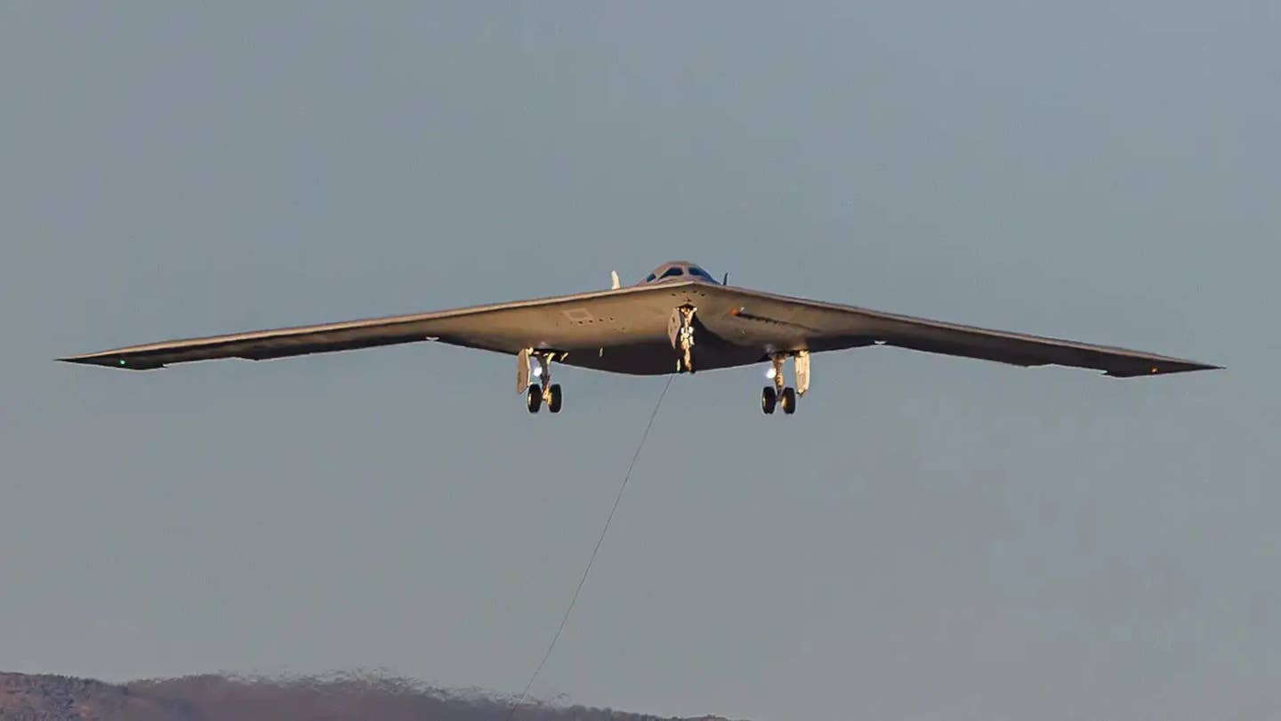 The first pre-production B-21 Raider takes to the air for the first time in November 2023. <em>Andrew Kanei</em>