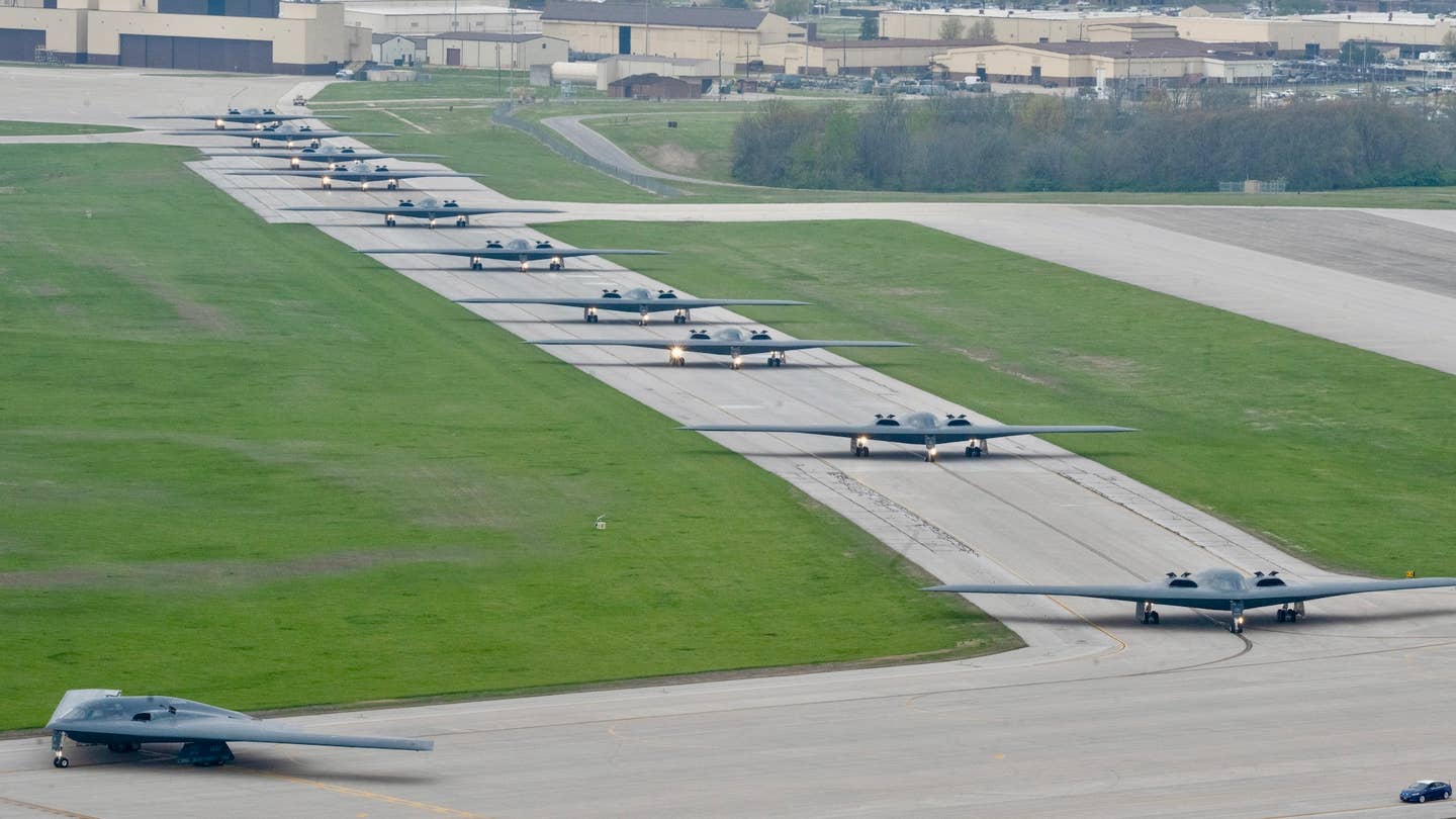 B-2 Spirit stealth bombers assigned to the 509th Bomb Wing taxi on the runway at Whiteman Air Force Base, Missouri, April 15, 2024. Team Whiteman executed a mass fly-off of 12 B-2s to cap off the annual Spirit Vigilance exercise. Routine training ensures that Airmen are always ready to execute global strike operations… anytime, anywhere. (U.S. Air Force photo by Airman 1st Class Hailey Farrell)