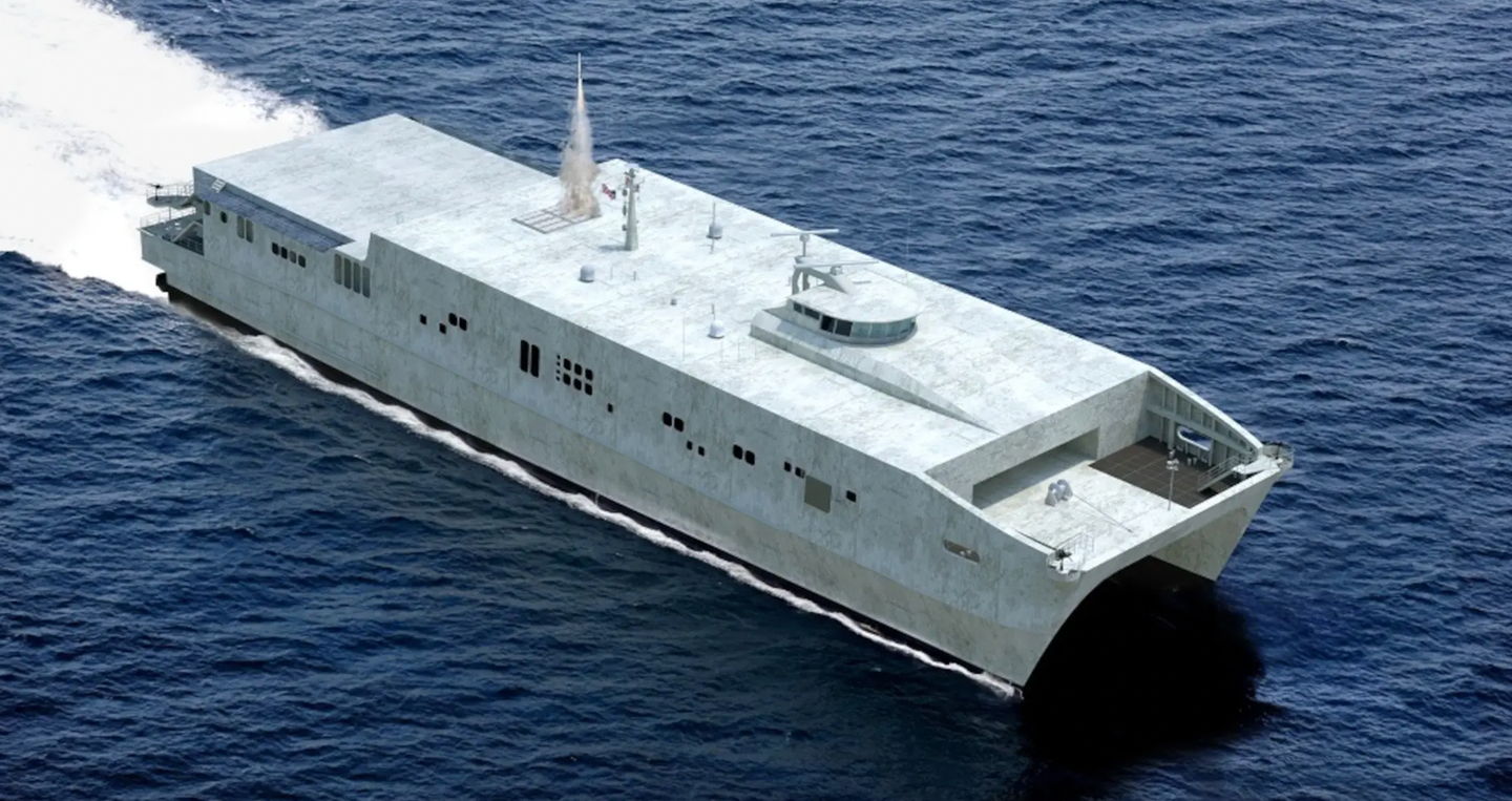 A past rendering from Australian shipbuilder Austal of a notional large optionally-crewed vessel firing a missile from a vertical launch system array on top of its central hull.&nbsp;<em>Austal</em>