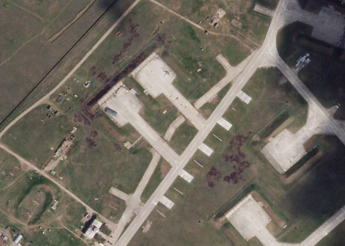 Damage to a pair of aircraft hardstandings on the north of the base, seen in an image from April 19. <em>PHOTO © 2024 PLANET LABS INC. ALL RIGHTS RESERVED. REPRINTED BY PERMISSION.</em>