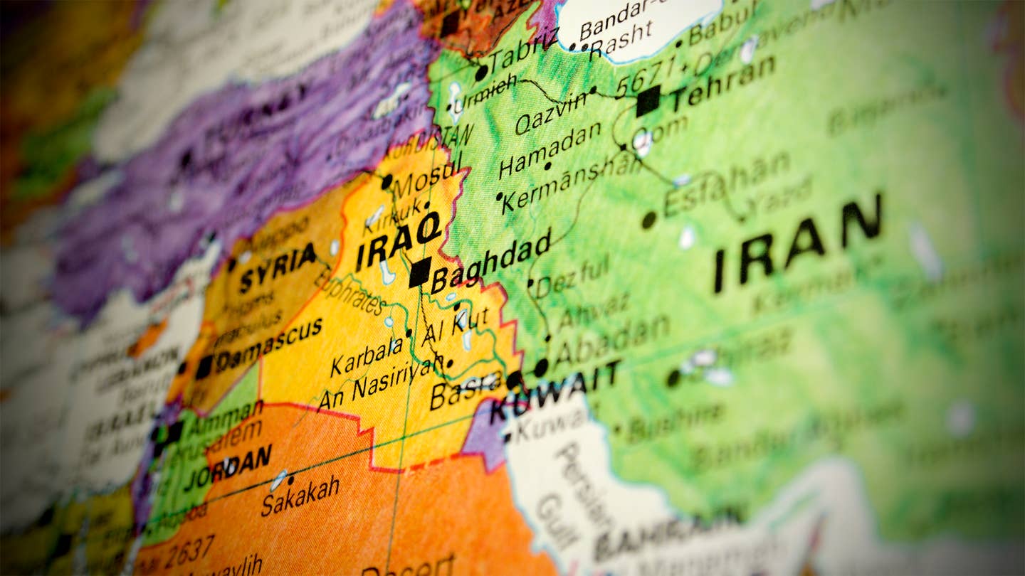 A photo of a map of Iraq and Iran.