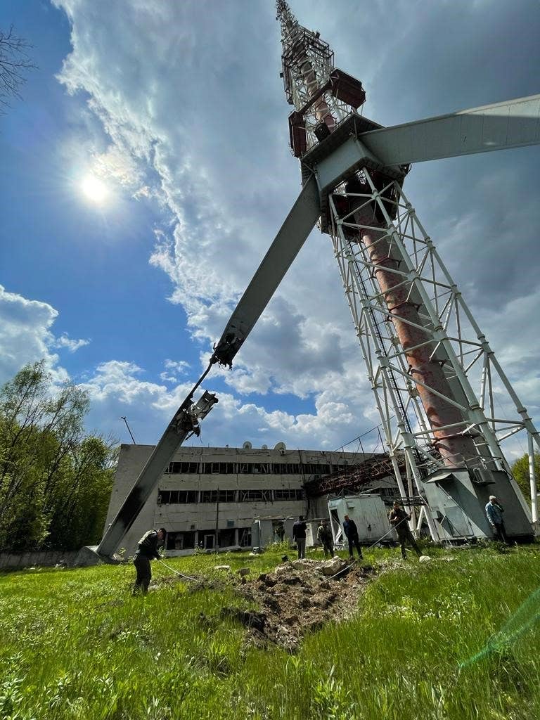 Damage to the Kharkiv TV tower after the Russian bombing in March 2022. <em>Prosecutor General of&nbsp;Ukraine</em>