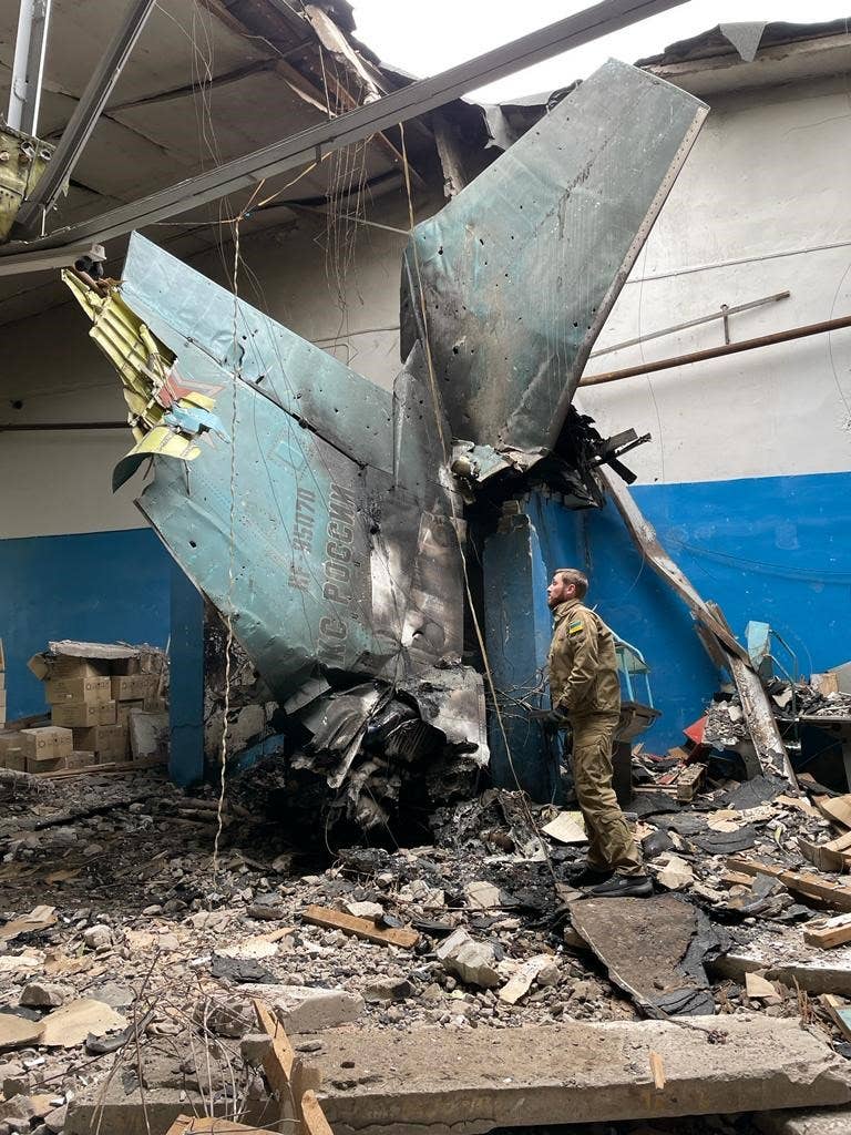 Remains of the Su-34 that was reportedly involved in bombing the Kharkiv TV tower in March 2022. <em>Prosecutor General of&nbsp;Ukraine</em>