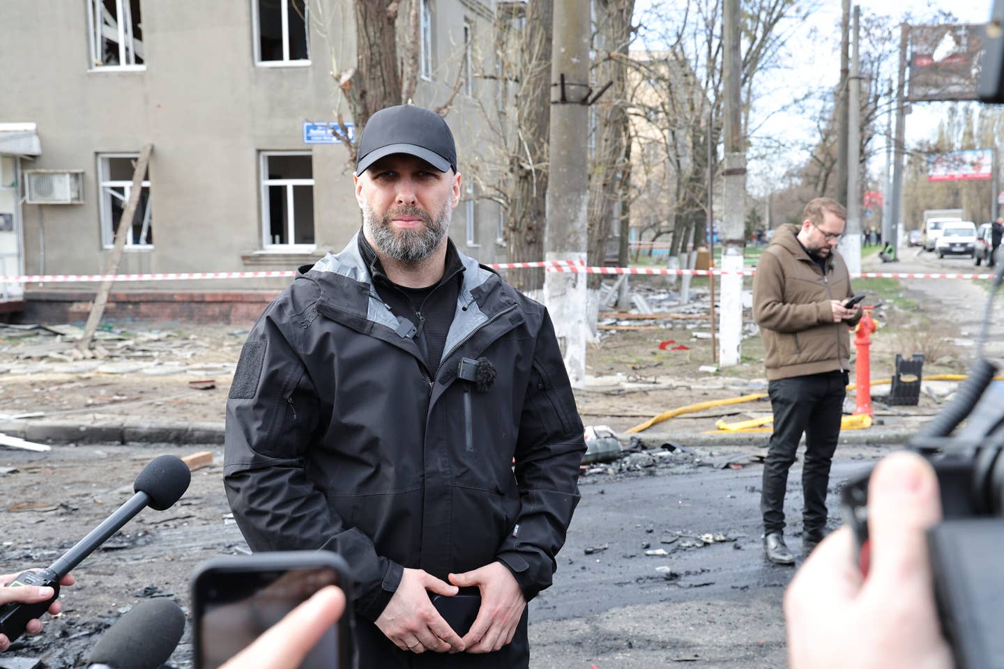Kharkiv Governor Oleh Syniehubov speaks to the press after Russian forces launched a massive drone attack on the city of Kharkiv, Ukraine, on April 4, 2024. <em>Photo by Kharkiv Military Administration/Handout/Anadolu via Getty Images</em>