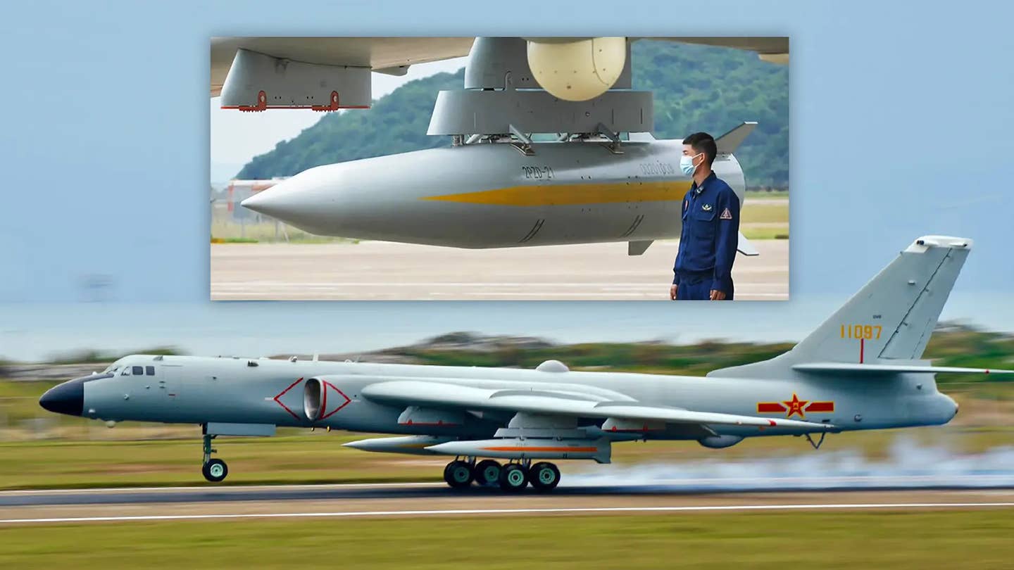 An H-6K with a pair of air-launched ballistic missiles under its wings, as well as an inset showing one of these weapons up close, underscoring the diversity of outsized payloads aircraft in this family can carry. <em>via Chinese Internet</em>