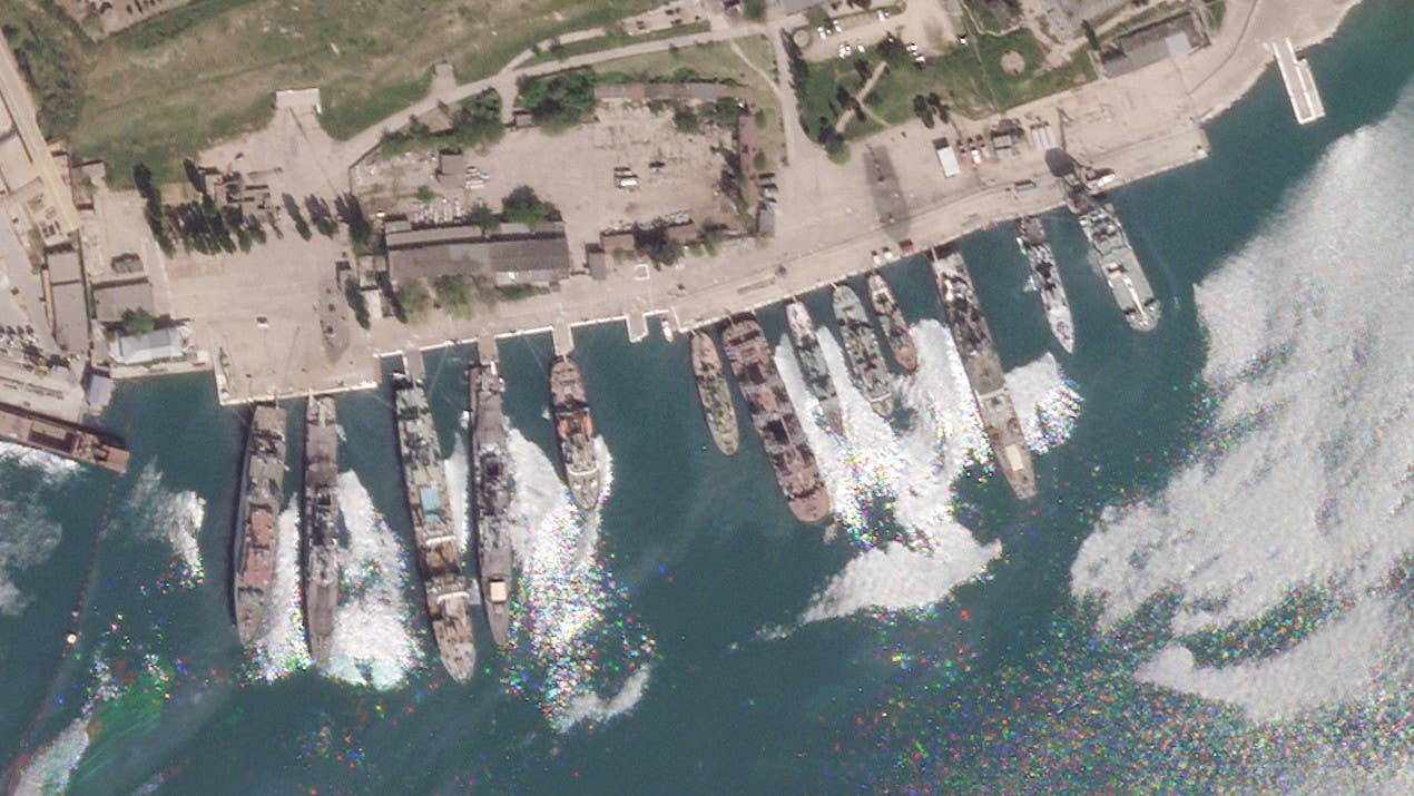 A satellite image of <em>Kommuna</em> in Sevastopol on April 20. <em>PHOTO © 2024 PLANET LABS INC. ALL RIGHTS RESERVED. REPRINTED BY PERMISSION</em>