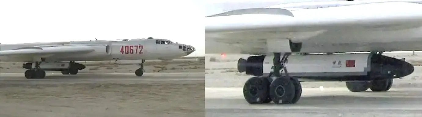 Images that emerged in 2007 of a reusable spaceplane prototype, or a related test article, referred to as Shenlong, underneath an H-6 bomber. Chinese internet 