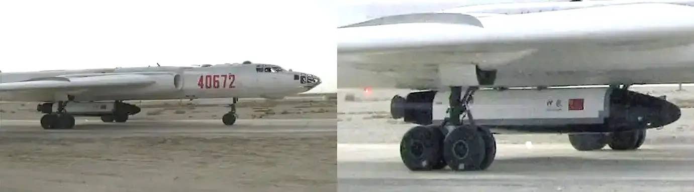 Images that emerged in 2007 of a reusable spaceplane prototype, or a related test article, referred to as Shenlong, underneath an H-6 bomber. <em>Chinese internet </em>