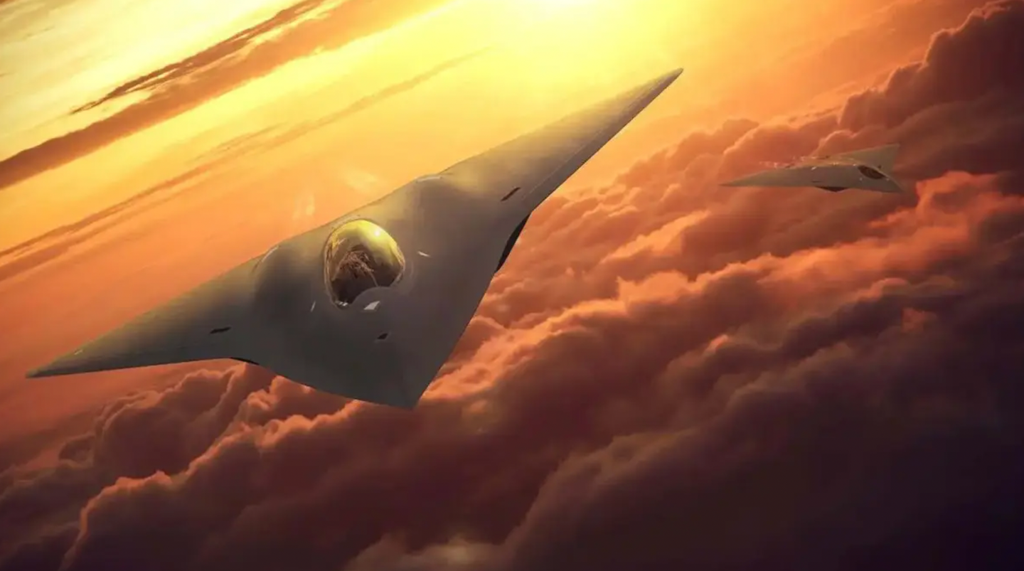 A Lockheed Martin rendering showing a possible crewed component of NGAD, which is generally expected to be a stealthy tailless design.&nbsp;<em>Lockheed Martin</em>