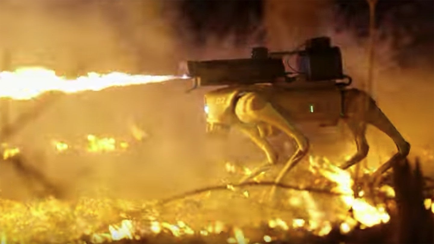 The robodog flamethrower system is being touted for peaceful purposes, but one like it could have far deadlier potential applications.  Armed with the