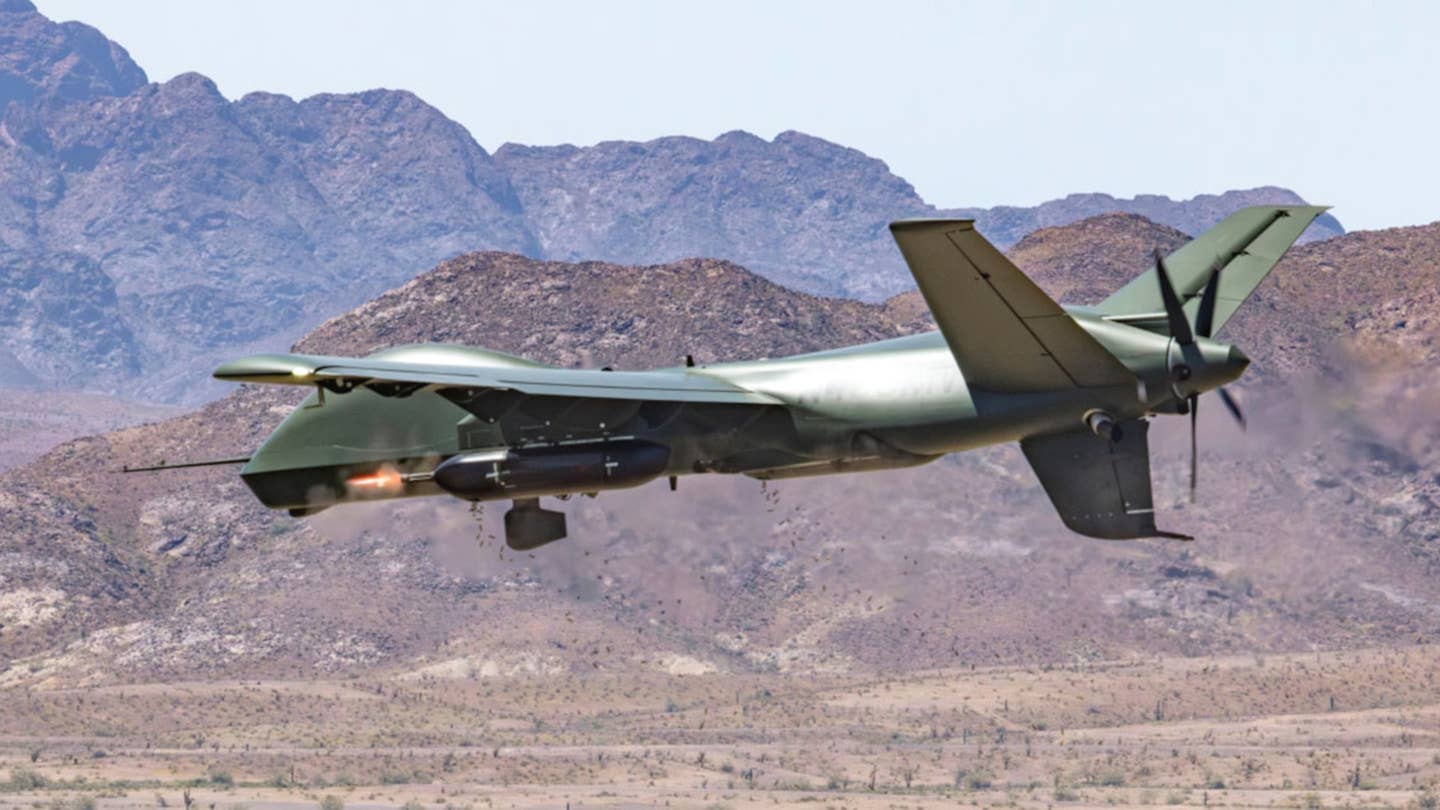 General Atomics' Mojave short takeoff and landing drone armed with a pair of Minigun pods recently conducted a first-of-its-kind live-fire demonstration.