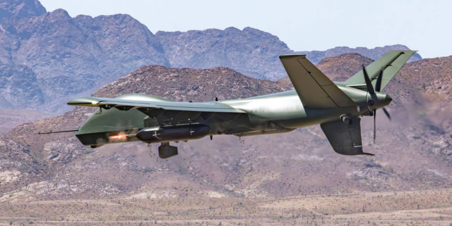 General Atomics' Mojave short takeoff and landing drone armed with a pair of Minigun pods recently conducted a first-of-its-kind live-fire demonstration.