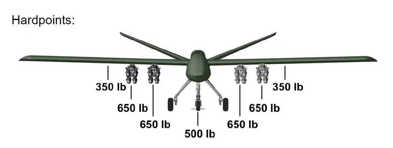 A graphic with details about Mojave's six underwing hardpoints. It is depicted carrying 16 Hellfire missiles, a loadout option that GA-ASI regularly highlights in discussions about this drone. <em>GA-ASI</em>