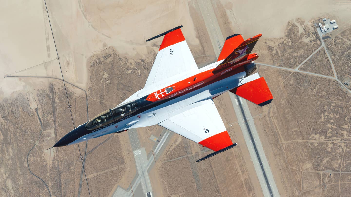 The unique X-62A Variable-stability In-flight Simulator Test Aircraft (VISTA) seen here flew in a fully autonomous mode against a crewed F-16 fighter in a milestone mock dogfight in September 2023. <em>USAF</em>