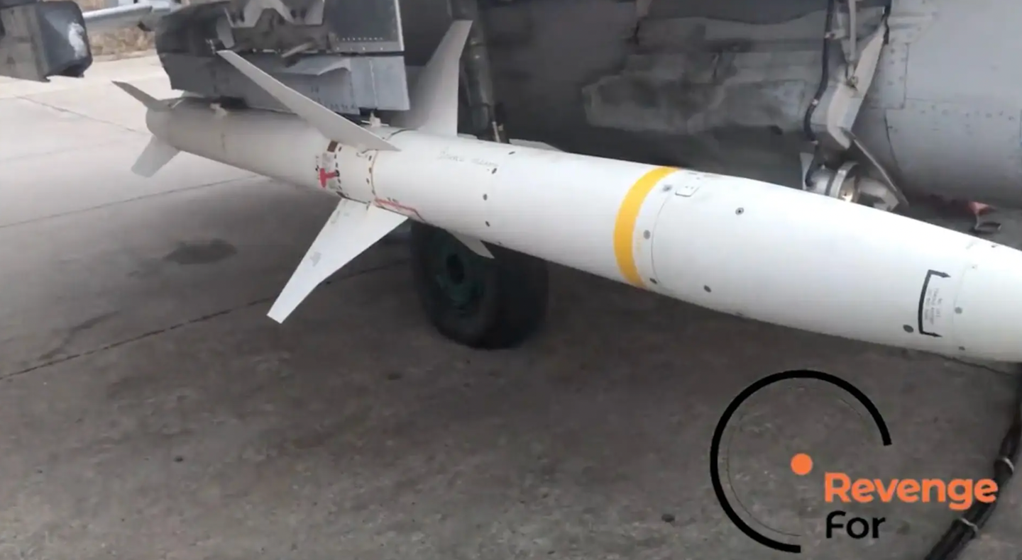 An AGM-88 HARM loaded on a MiG-29, seen here in a screen capture from a video previously released by a Ukrainian organization called RevengeFor.&nbsp;<em>RevengeFor capture via X</em>