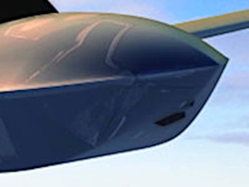A close-up look at the nose end of General Atomics CCA drone rendering with the trapezoidal window visible. <em>General Atomics</em>
