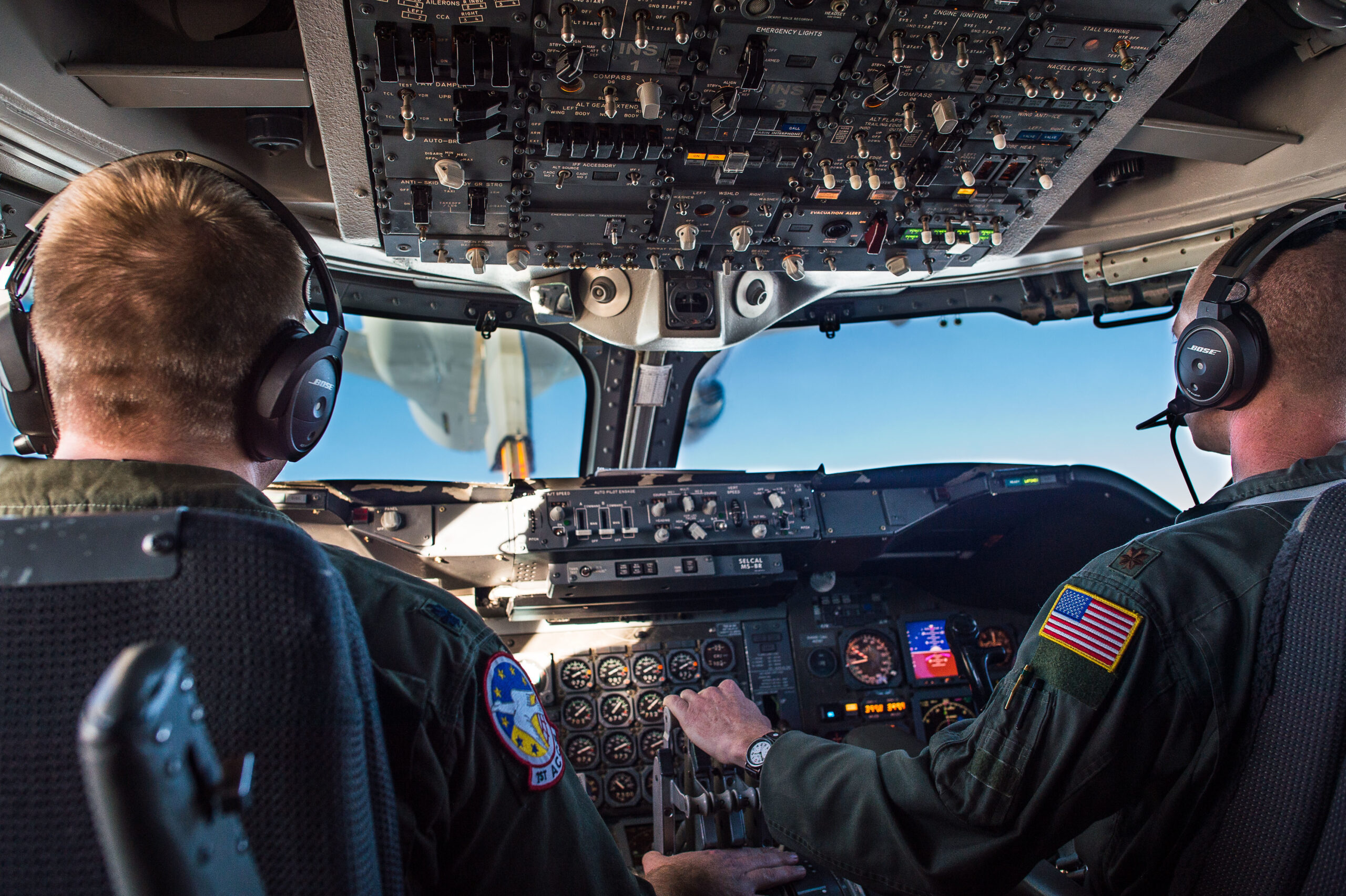 The view from the flight deck of an E-4B carrying while carrying out aerial refueling en route to South Korea, in February 2017. The aircraft was carrying the then Defense Secretary Jim Mattis. <em>U.S. Department of Defense photo by Army Sgt. Amber I. Smith</em>