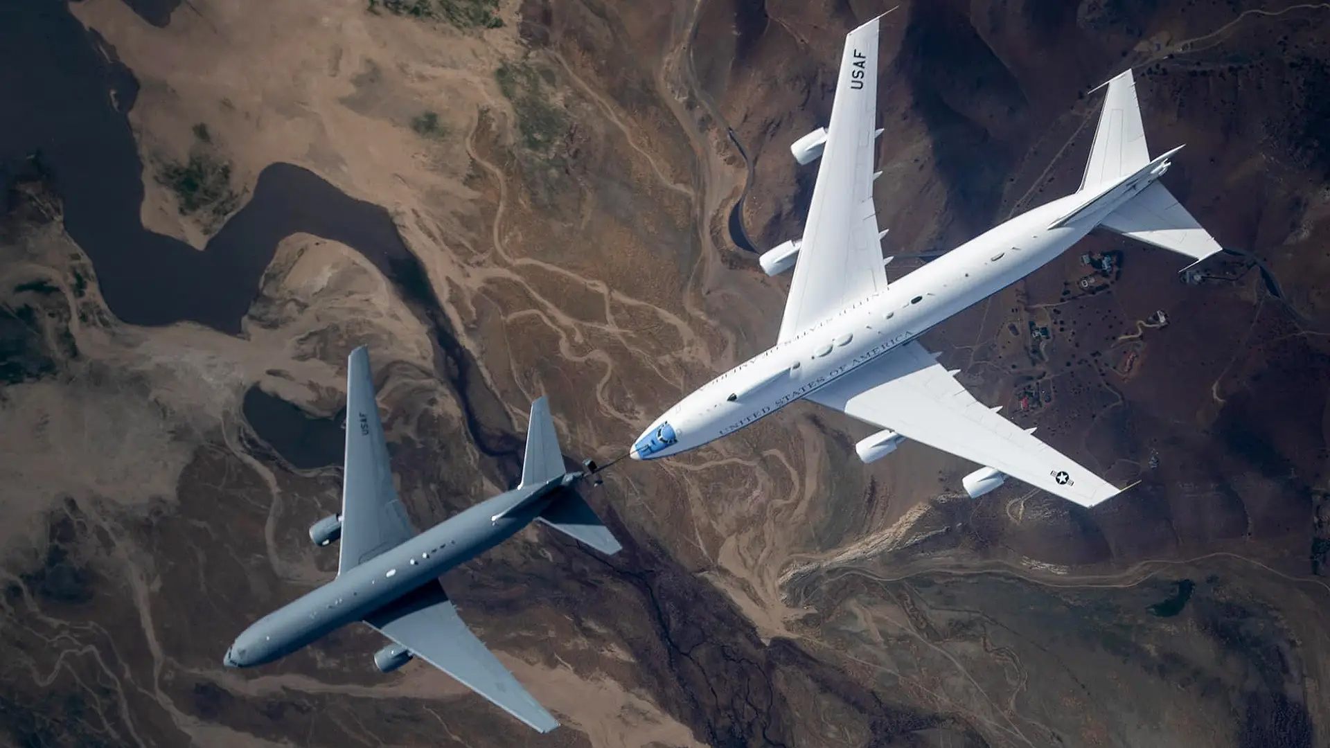 A KC-46 refuels and E-4B during testing. (USAF/Edwards AFB PAO)