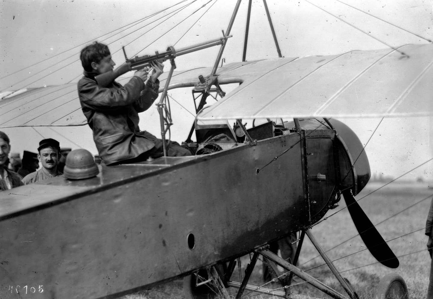 An early French machine gun mounting on a parasol monoplane during World War I. <em>Public Domain</em>