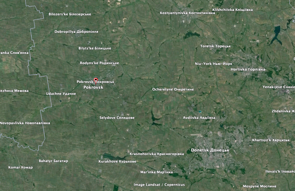 After capturing Avdiivka, Russian troops are advancing west toward Prokovsk in Donetsk Oblast. (Google Earth image)