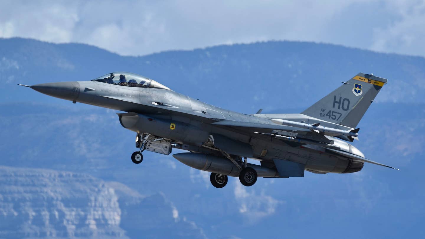 A 49th Wing F-16 Viper takes off Jan. 19, 2022, at Holloman Air Force Base, N.M. Holloman is the Air Force’s premiere training base for F-16 Viper and MQ-9 Reaper aircrew. (U.S. Air Force photo by Airman 1st Class Adrian Salazar)