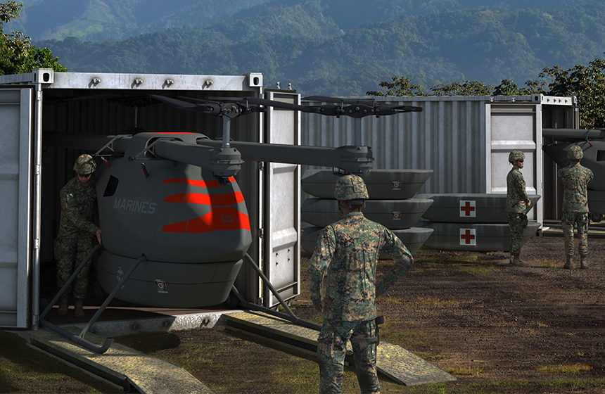 A digital rendering shows troops unloading a Kargo UAV from a container at a forward location. <em>Kaman</em>