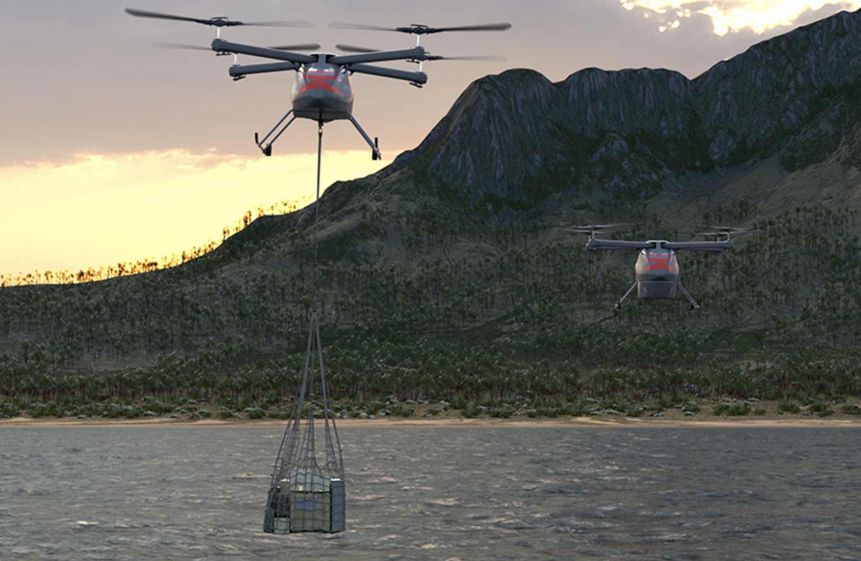 An artist’s impression of a pair of Kargo UAVs conducting a resupply mission with underslung cargoes. <em>Kaman</em>